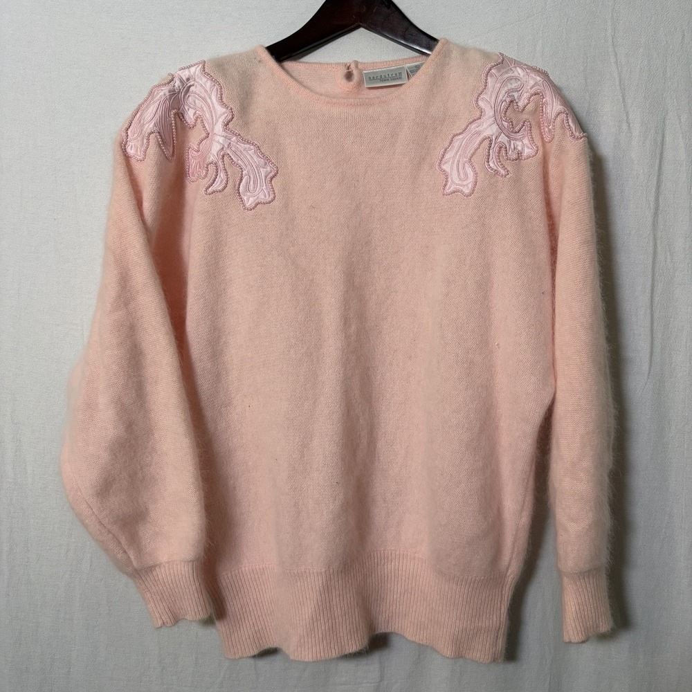 Vintage 1980's Nordstrom Lambswool Blend Soft Pink Knit Sweater Beaded Large